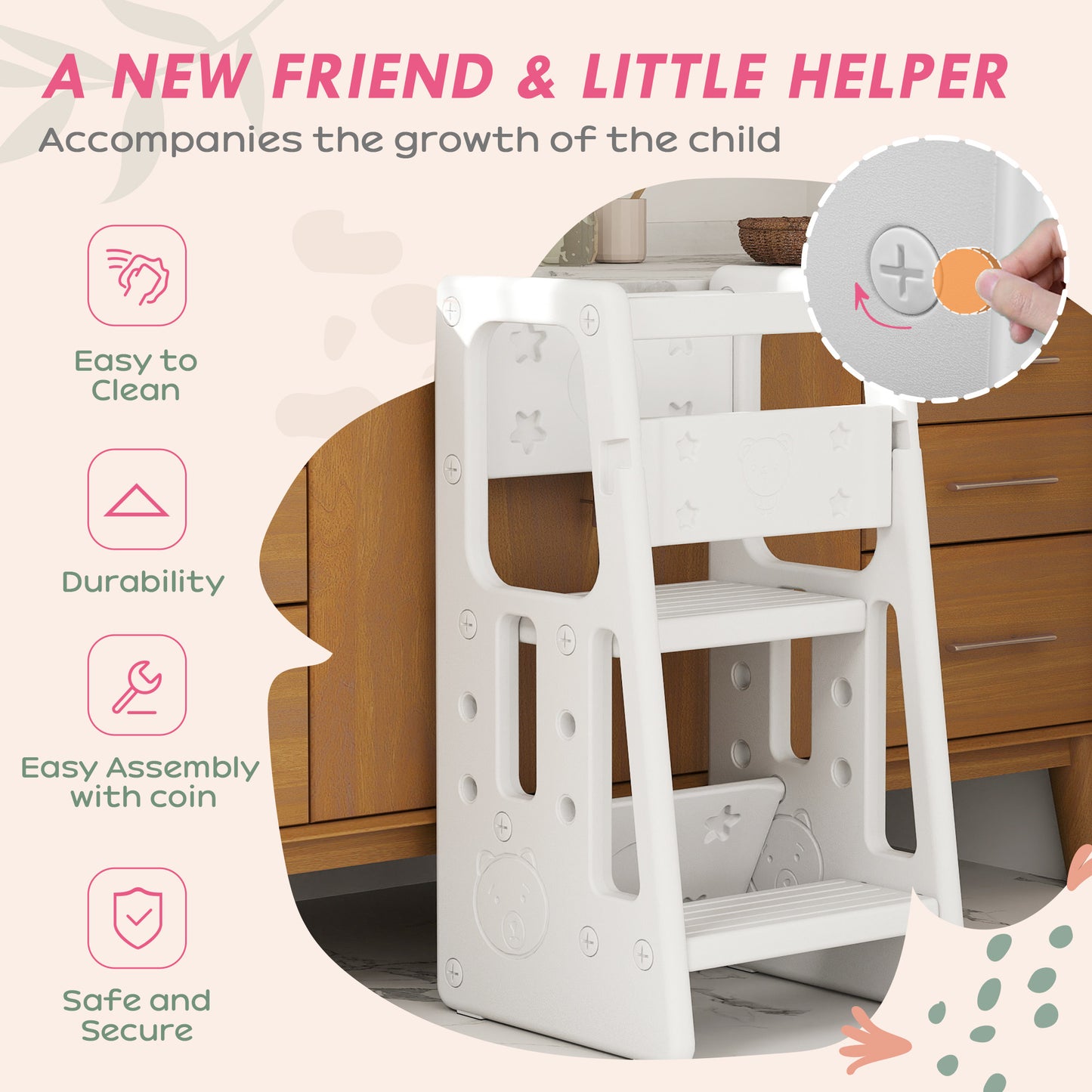 Adjustable Kids Step Stool, Toddler Kitchen Standing Tower with 3 Heights, White