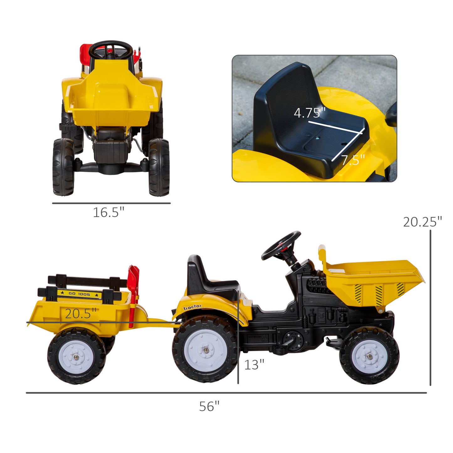 Yellow Pedal Ride On Dump Truck Front Loader Kids Ride-On Construction Tractor with Trailer Kids Crystal