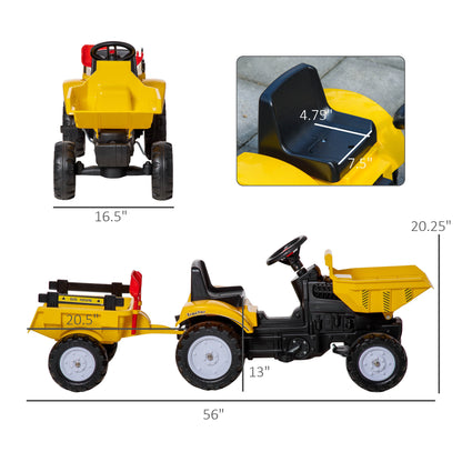 Yellow Pedal Ride On Dump Truck Front Loader Kids Ride-On Construction Tractor with Trailer