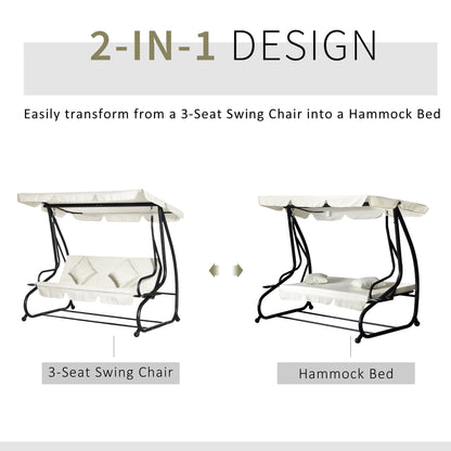 3 Seater Patio Swing Chair Convertible Cushioned Bed Outdoor Porch Backyard with Canopy and Pillow Cream White