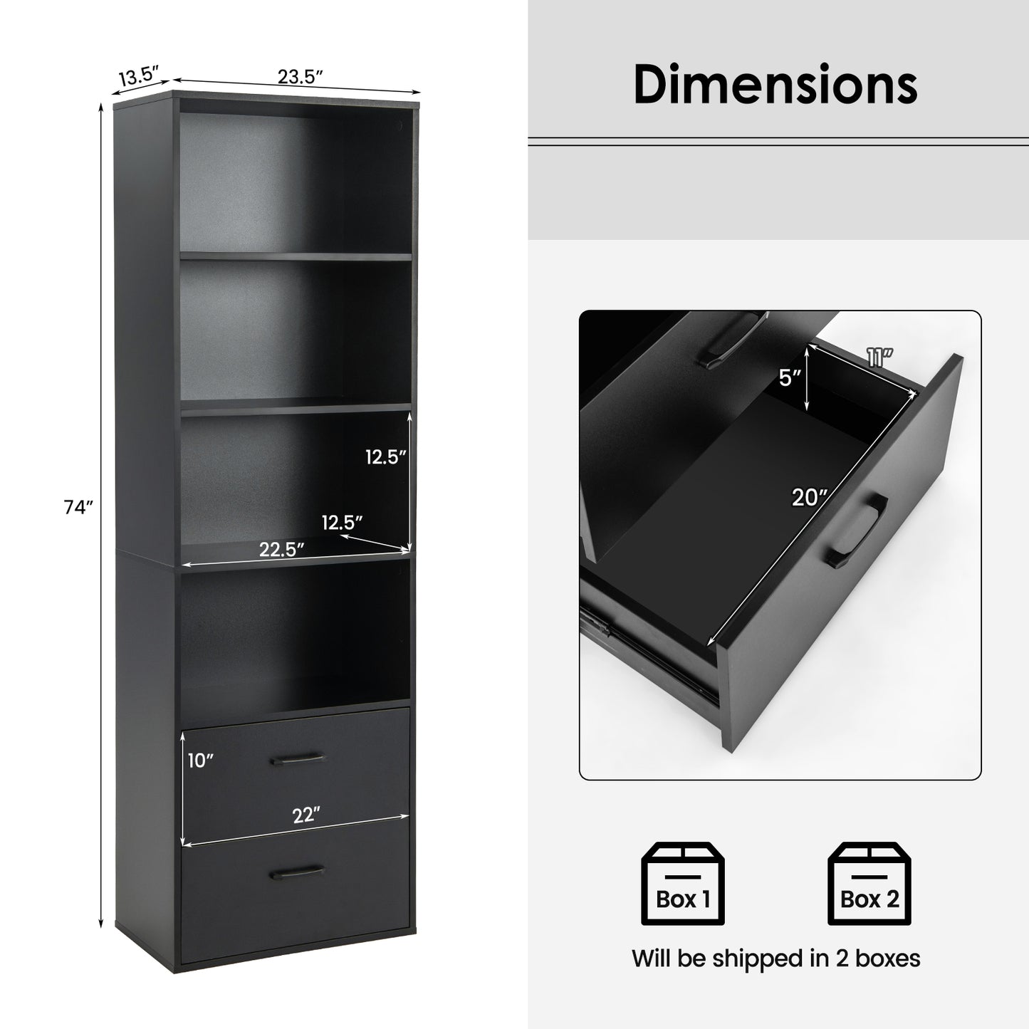 6-Tier Tall Freestanding Bookshelf with 4 Open Shelves and 2 Drawers-Black Kids Crystal