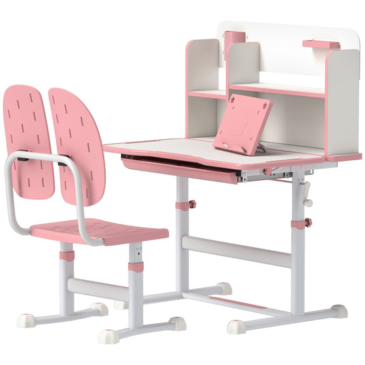 Adjustable Height Kids Desk and Chair Set, Kids Study Table and Chair with Tilt Desktop, Drawer, Reading Rack, Pink Kids Crystal