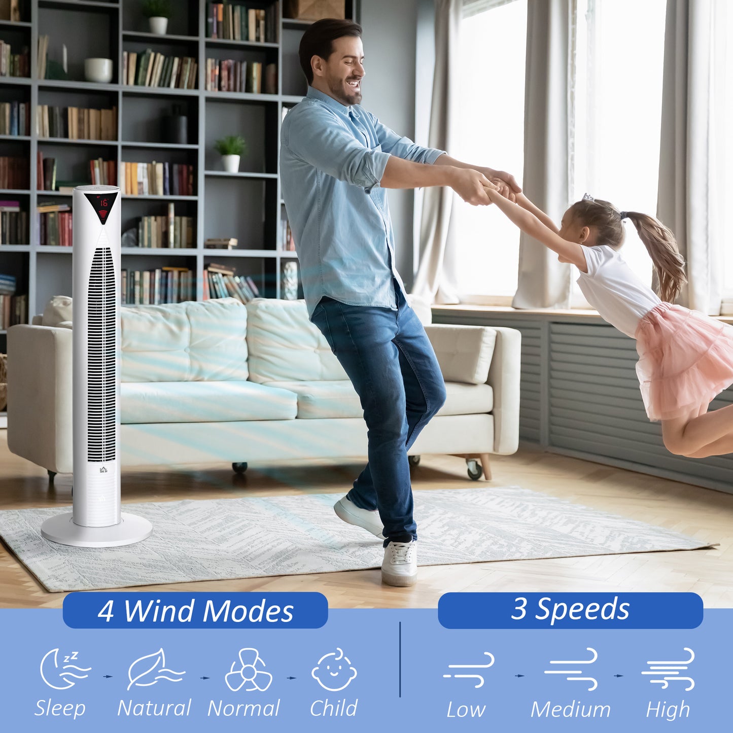 Tower Fan Oscillating 3 Speed 12h Timer LED Remote Control Cooling for Bedroom Home White Kids Crystal