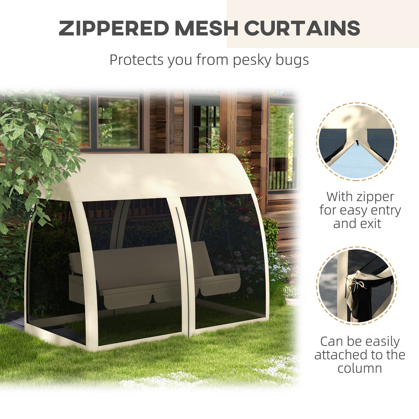 3-Seater Outdoor Swing Chair Chaise Lounger Bed Garden Hammock with Steel Stand, Canopy Netting Walls, Coffee Kids Crystal