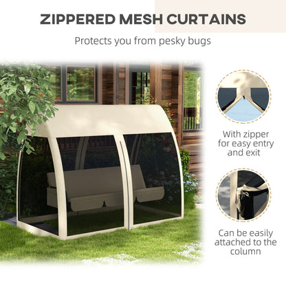 3-Seater Outdoor Swing Chair Chaise Lounger Bed Garden Hammock with Steel Stand, Canopy Netting Walls, Coffee