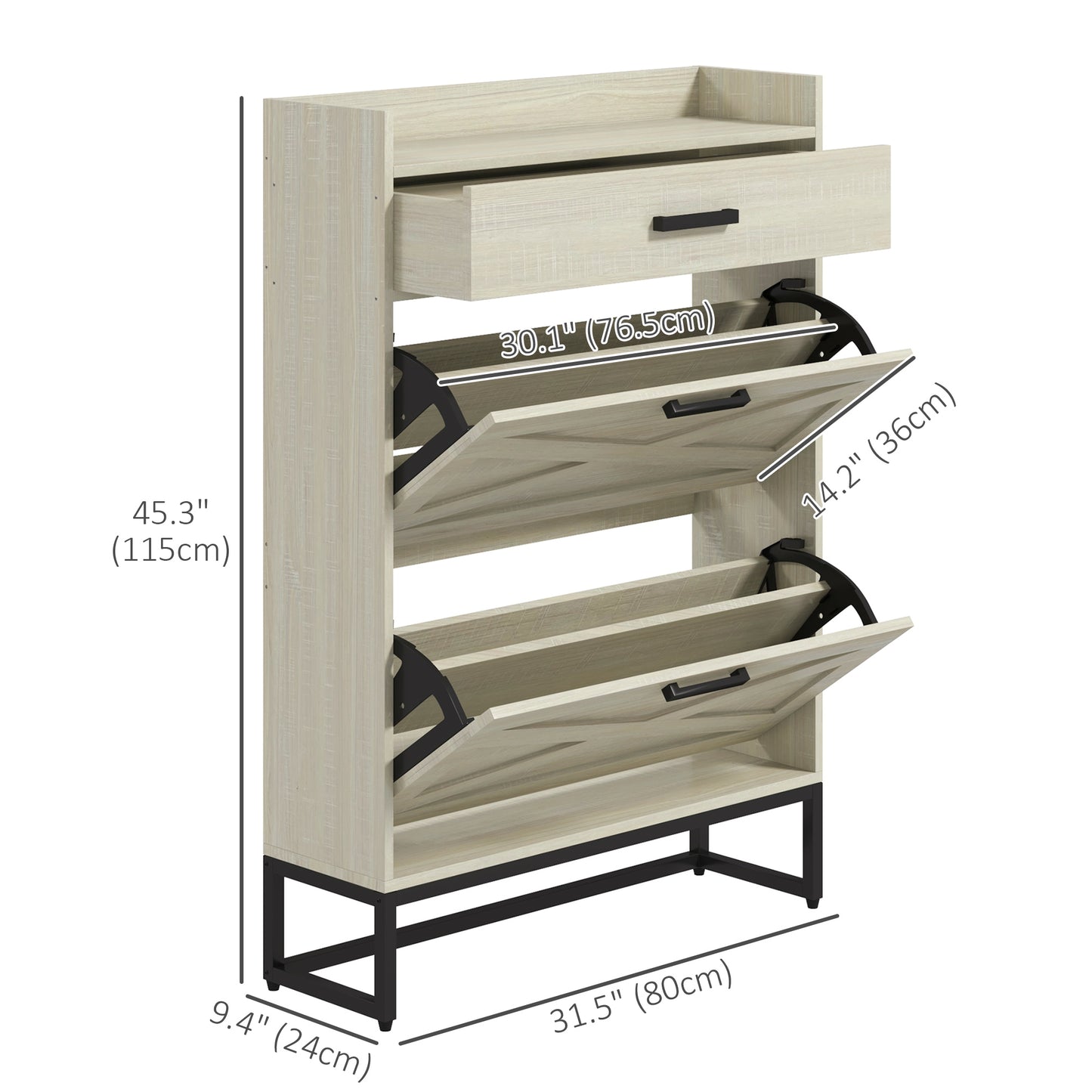 Narrow Shoe Cabinet Organizer with 2 Flip Drawers Adjustable Shelves for 12 Pairs Distressed White Kids Crystal