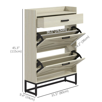 Narrow Shoe Cabinet Organizer with 2 Flip Drawers Adjustable Shelves for 12 Pairs Distressed White