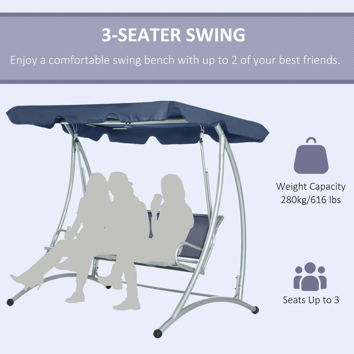 3-Seater Outdoor Swing Chair Bench with Adjustable Canopy, Dark Blue Kids Crystal
