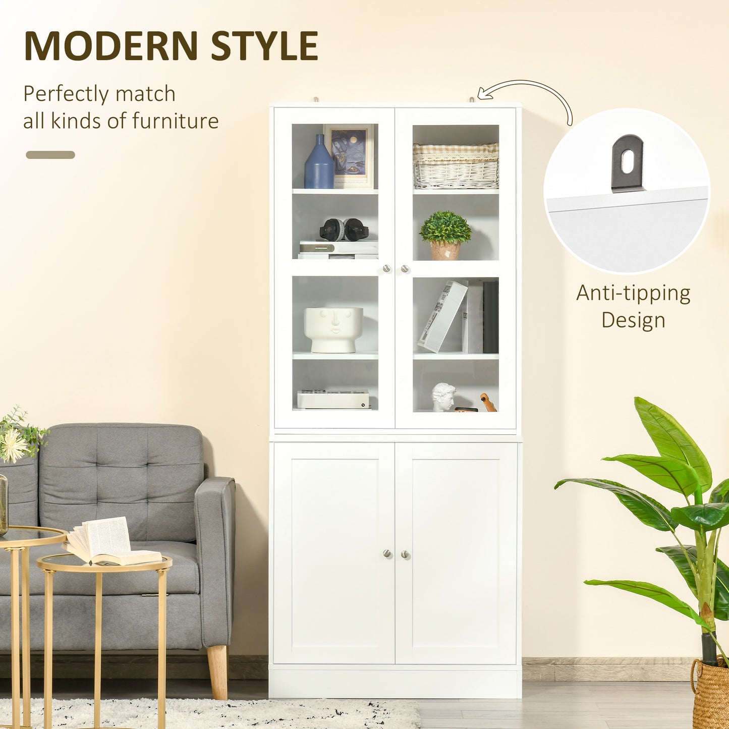 Bookcase Storage Cabinet with Doors, Modern Tall Bookshelf with 2 Adjustable Shelves, Display Unit, White Kids Crystal