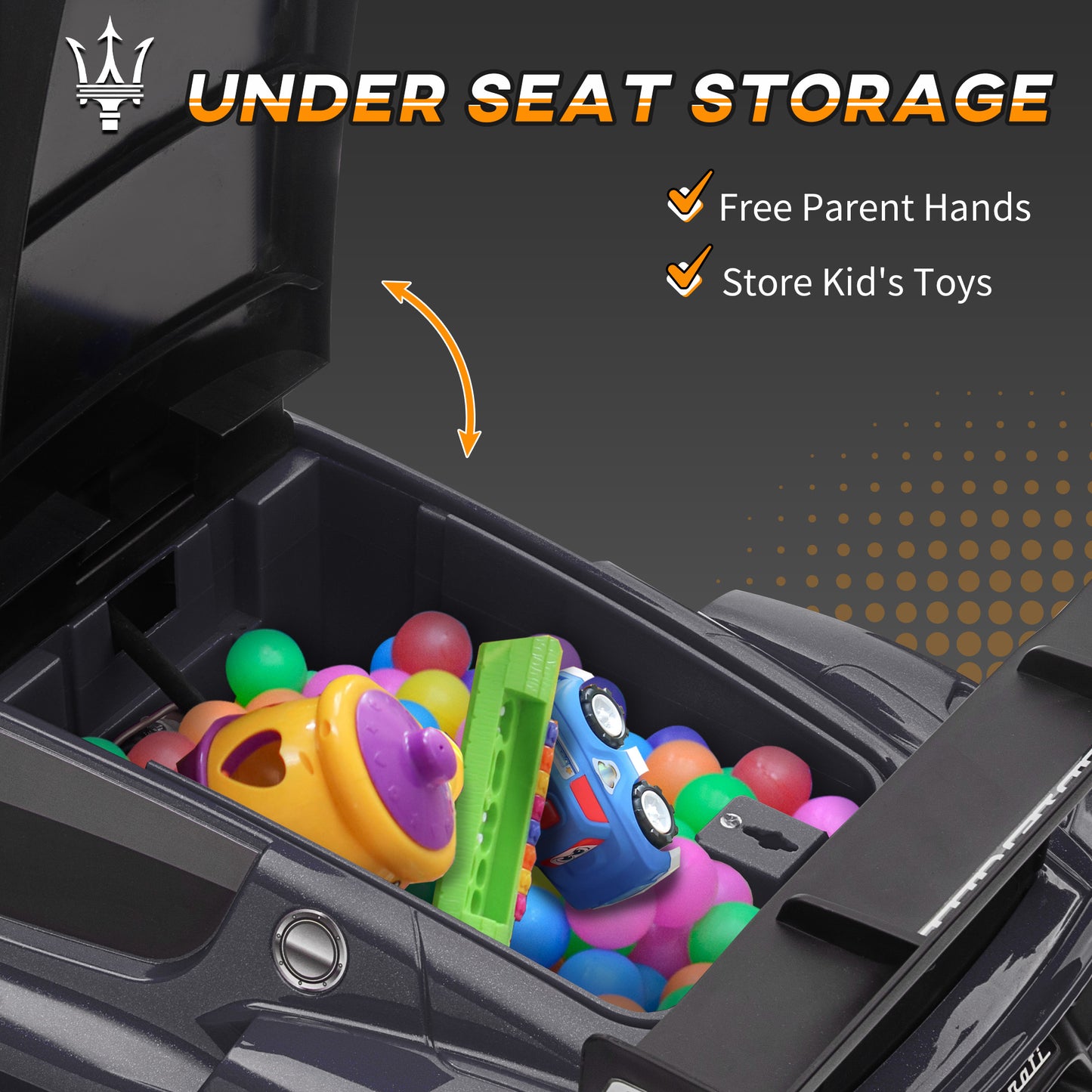 6V Maserati GT2 Licensed Electric Car for Kids, Ride on Car with Under Seat Storage, LED Headlights Music, Grey Kids Crystal