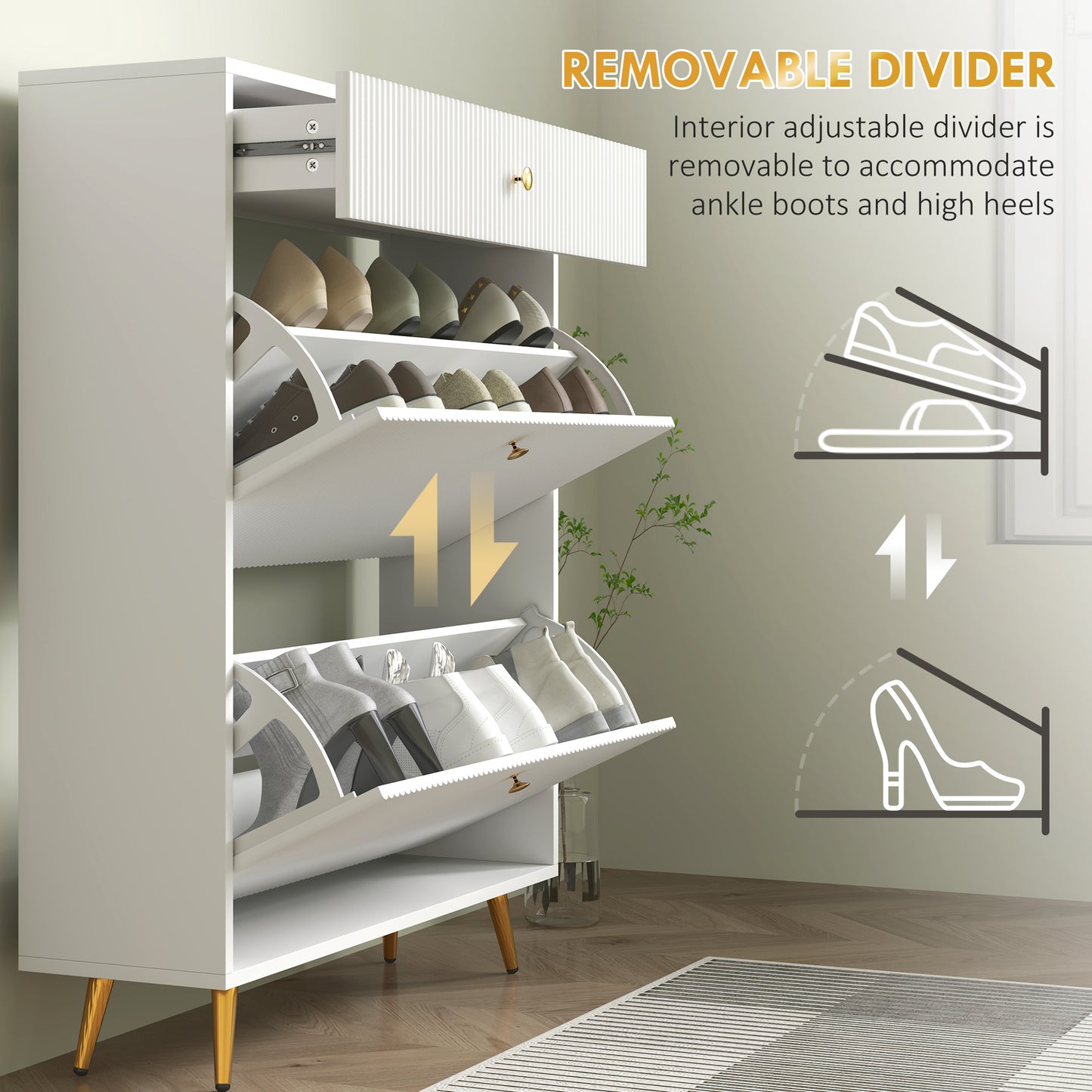 Narrow Shoe Storage Cabinet with Wave-like Panels and Adjustable Shelves for 12 Pairs of Shoes, White Kids Crystal