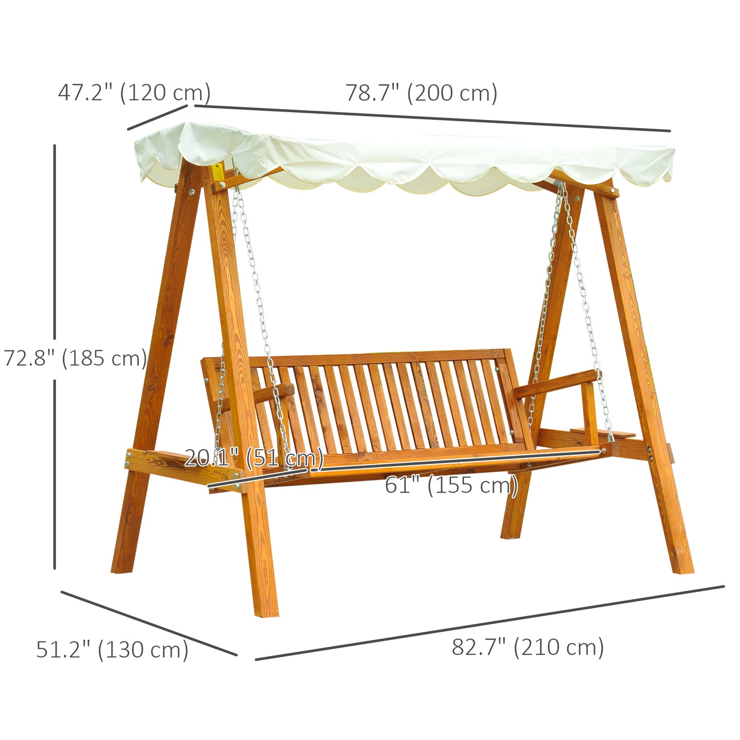 80" Patio Swing Chair with Canopy Outdoor Wooden Swing Bench Hammock for Garden, Poolside, Backyard Kids Crystal