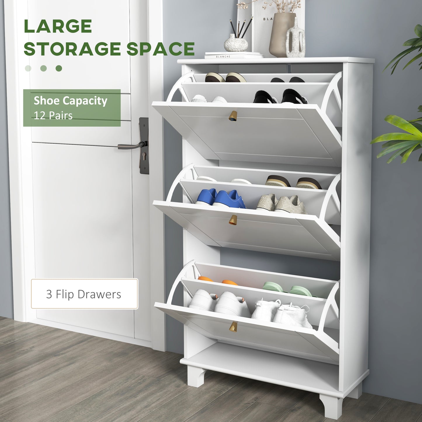 Narrow Shoe Cabinet: 3 Flip Drawers, Adjustable Shelves for 12 Pairs, White Small Space Organizer Kids Crystal