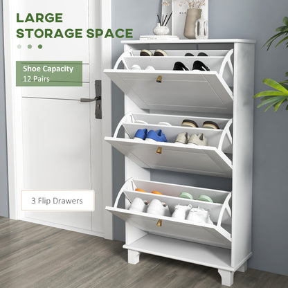 Narrow Shoe Cabinet: 3 Flip Drawers, Adjustable Shelves for 12 Pairs, White Small Space Organizer