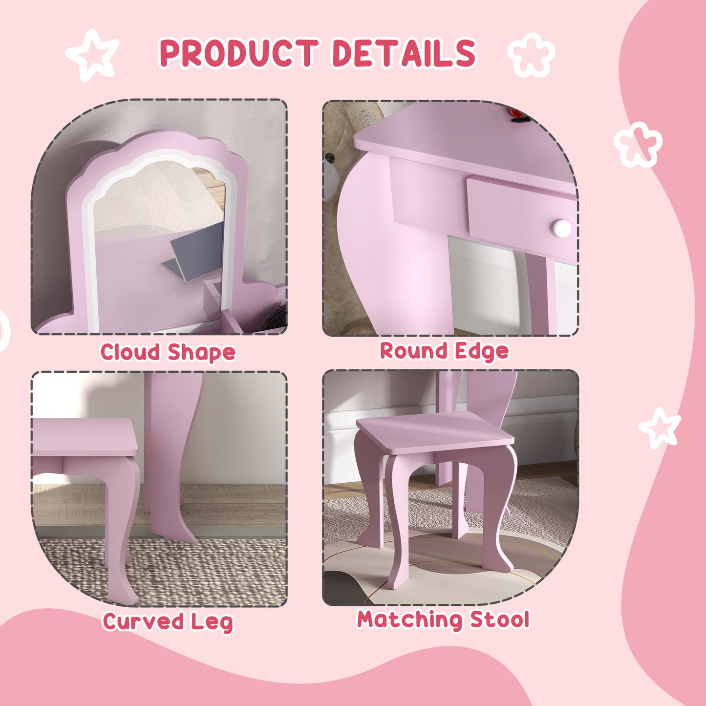 Cloud Vanity Set: Mirror, Stool, Drawer, Storage for 3-6 Years, Pink Kids Crystal