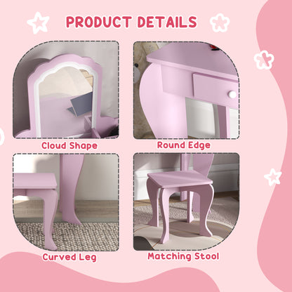 Cloud Vanity Set: Mirror, Stool, Drawer, Storage for 3-6 Years, Pink