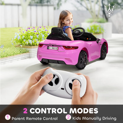 12V Maserati Gran Turismo Licensed Kids Electric Car w/ Remote Control, Soft Start, LED Lights, Music, Horn, MP3, Pink
