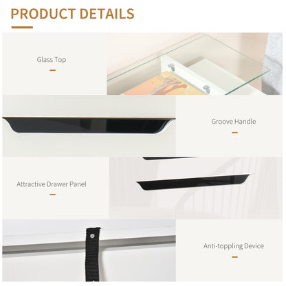 High Gloss Shoe Cabinet with 2 Flip Drawers and Adjustable Shelves, Narrow Shoe Storage Cabinet with Glass Top, White