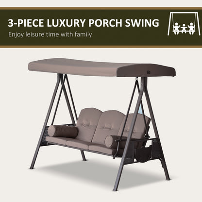 3-Person Porch Swing Chair Heavy Duty Outdoor Lounge Hammock with Cushioned Seat and Tilt Canopy Brown