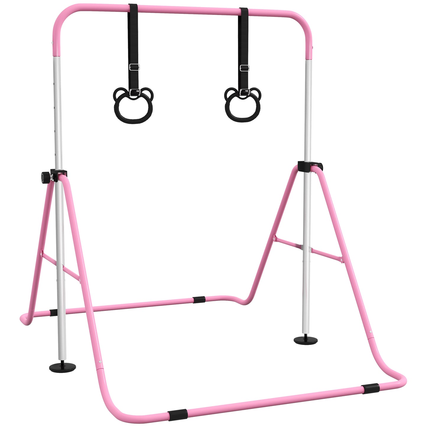 Kids Gymnastics Bar, Adjustable Height Folding Horizontal Bar with Gymnastics Rings, Non-slip Rubber Floor Rings, Pink Kids Crystal
