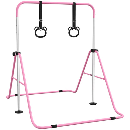 Kids Gymnastics Bar, Adjustable Height Folding Horizontal Bar with Gymnastics Rings, Non-slip Rubber Floor Rings, Pink