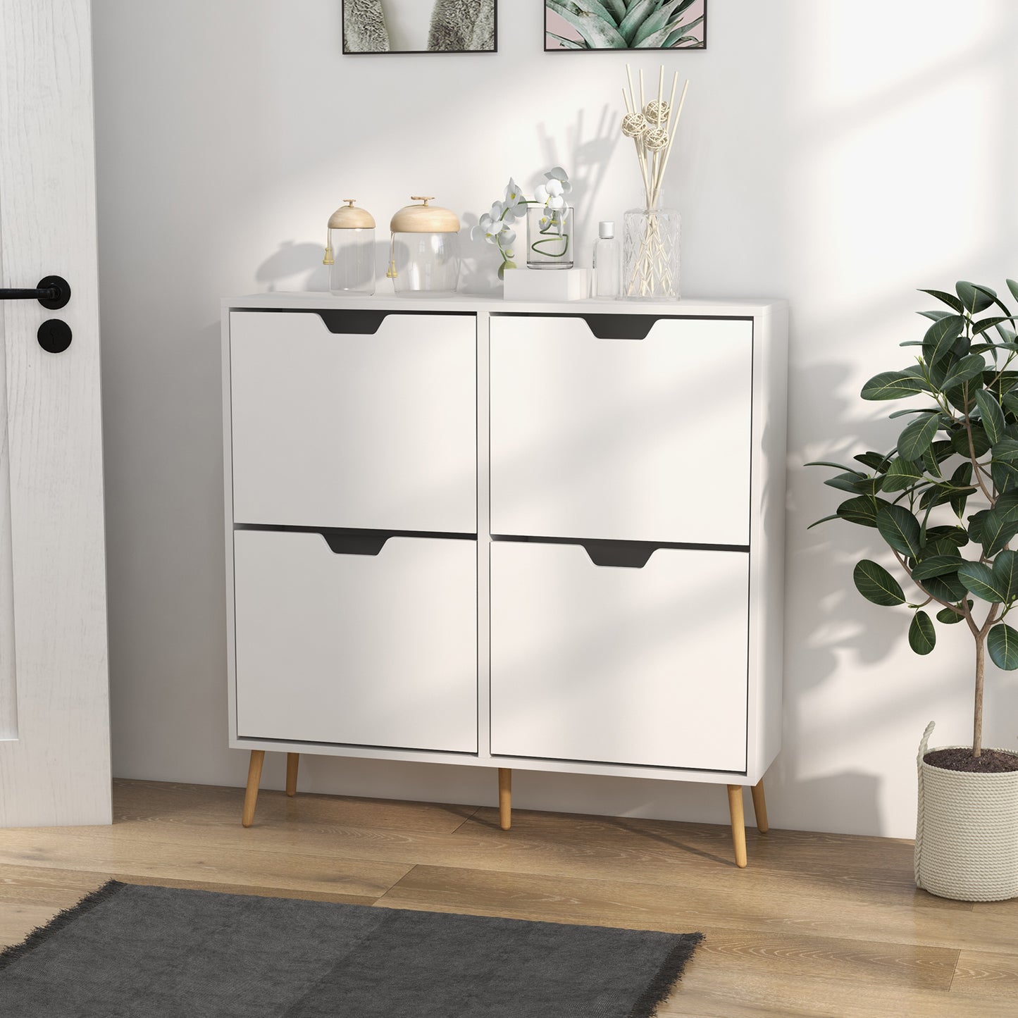 Shoe Storage Cabinet 4 Flip Drawers Adjustable Shelf Shoe Organizer 16 Pairs White Space Saving Kids Crystal