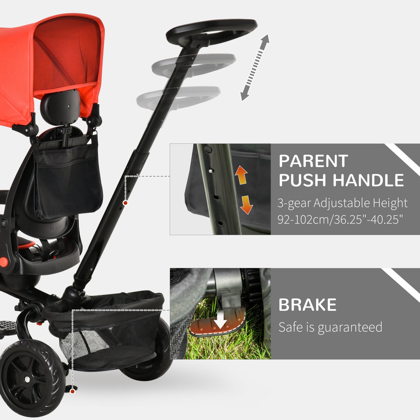 4-in-1 Baby Tricycle Stroller, Reversible Seat, Adjustable, Canopy, Safety Belt, Red - Versatile Outdoor Ride Kids Crystal