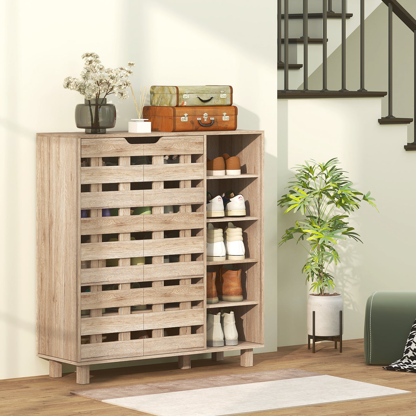 Shoe Cabinet, 21 Pair Shoe Storage Cabinet Organizer with 5-tier Double Door Cabinet and 5-tier Open Shelves, Beige Kids Crystal