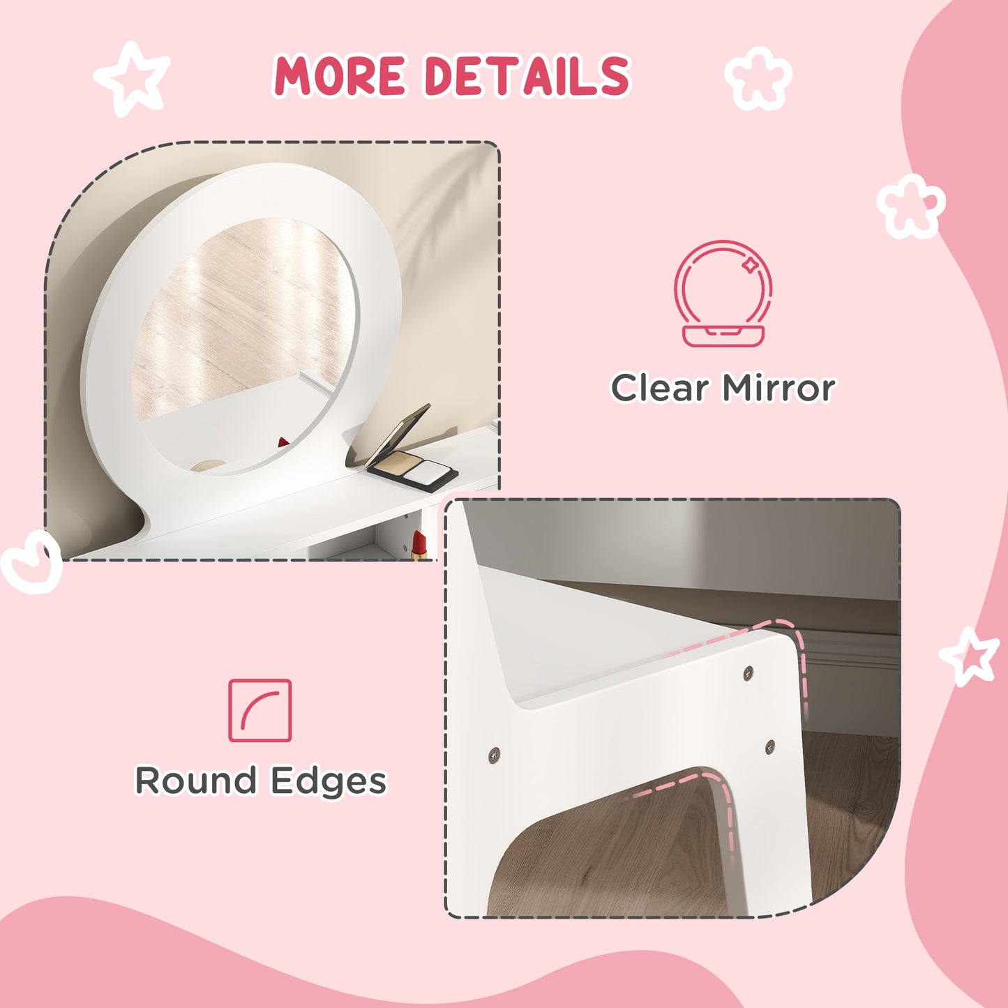 Kids Vanity Set, Children Makeup Table with Mirror, Stool and Storage Drawers, for Ages 3-8, White Kids Crystal