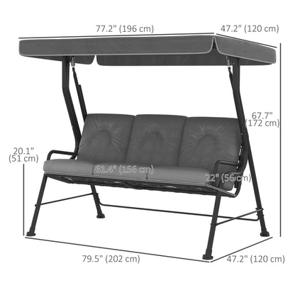 3-Person Patio Swing Chair with Canopy 3 Seater Porch Swing for Garden, Backyard, Poolside, Light Grey