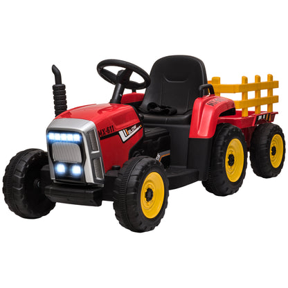 12V Kids Ride-On Tractor with Trailer Remote Control Music Startup Sound Horn USB LED Lights Red