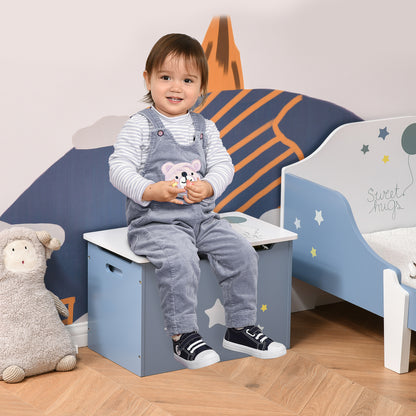 Wooden Toy Storage Box Organizer Chest with Seating Bench and Gas Stay Bar for Kids Room Blue