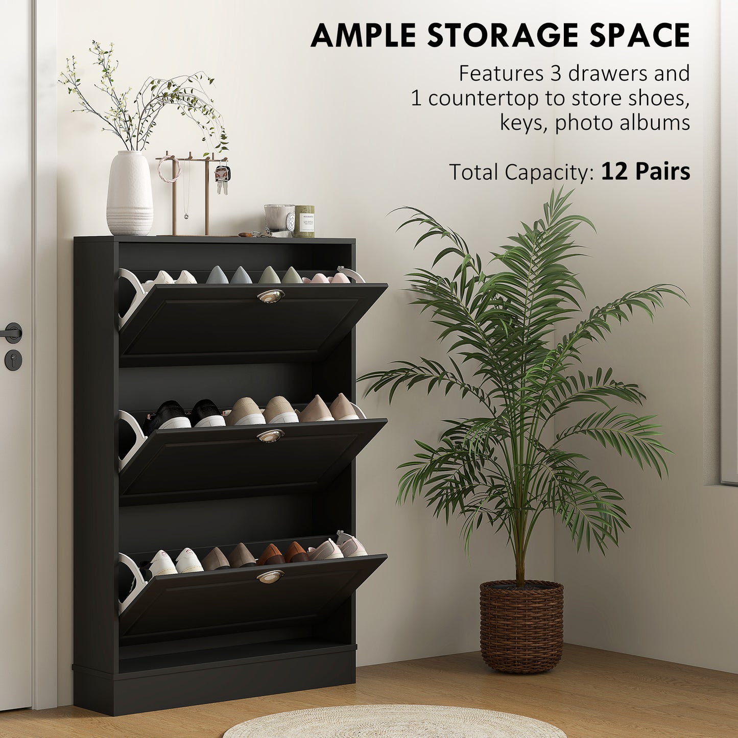 Shoe Cabinet with 3 Flip Drawers, Narrow Shoe Storage Cabinet, Holds 12 Pairs for Entryway, Hallway, Black Kids Crystal