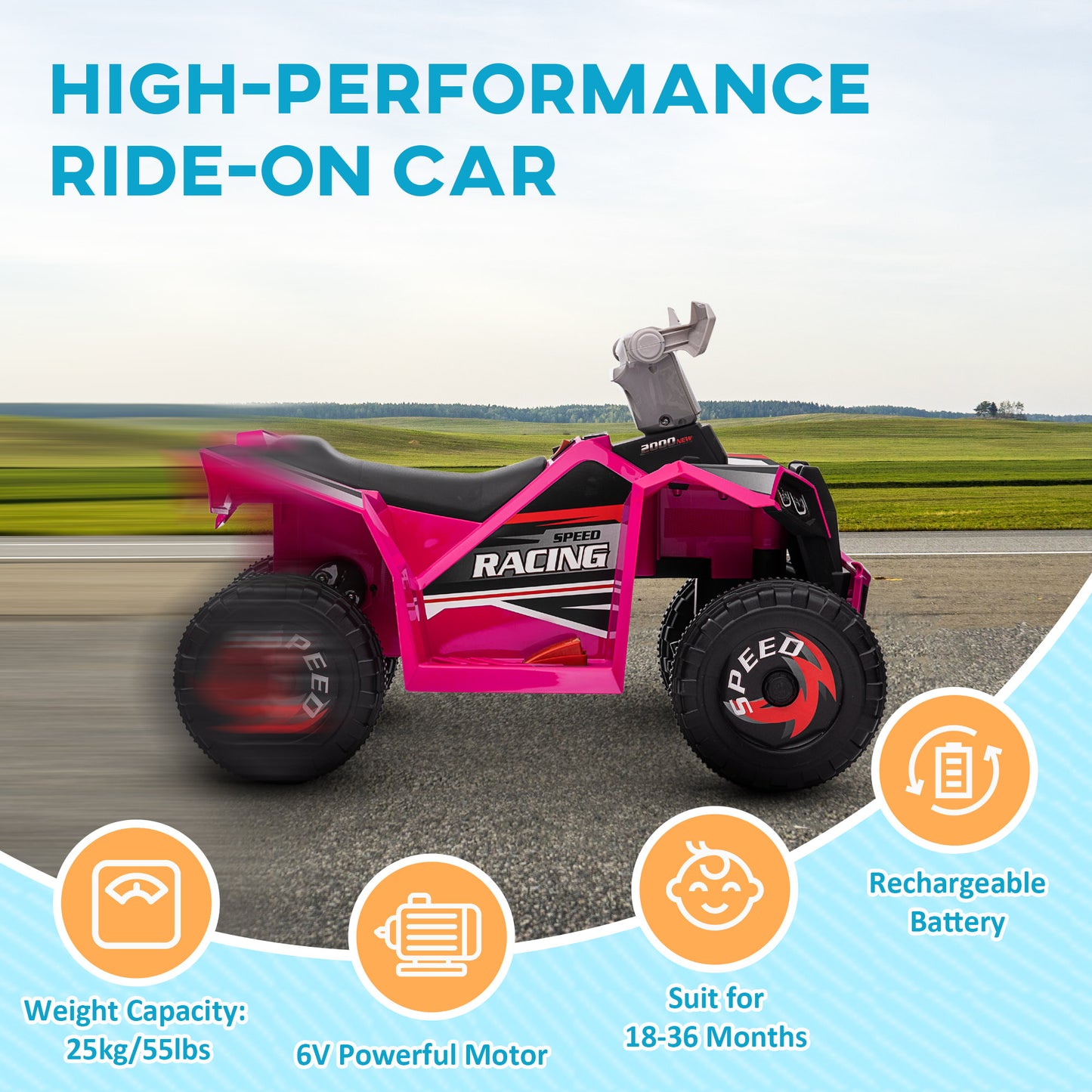 Ride-On Car: 6V, Quad, Electric, Wear-Resistant Wheels, For Boys/Girls, Pink, Toddler Vehicle Kids Crystal