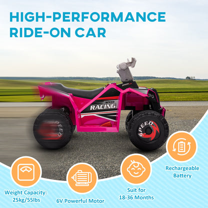 Ride-On Car: 6V, Quad, Electric, Wear-Resistant Wheels, For Boys/Girls, Pink, Toddler Vehicle
