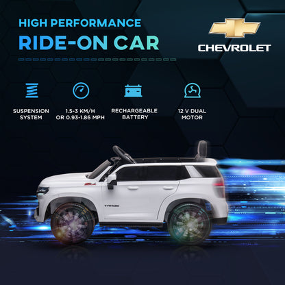 12V Chevrolet TAHOE Ride-On: Remote Control, 3 Speeds, LED Lights, Horn, Music Player for 3-6 Years, White