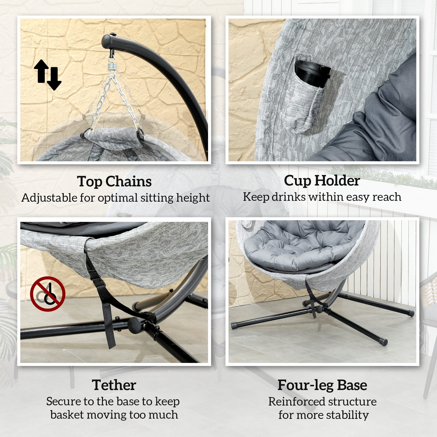 Egg Chair with Folding Basket, Outdoor Indoor Hanging Swing Chair with Stand, Cushions for Patio, Balcony, Grey