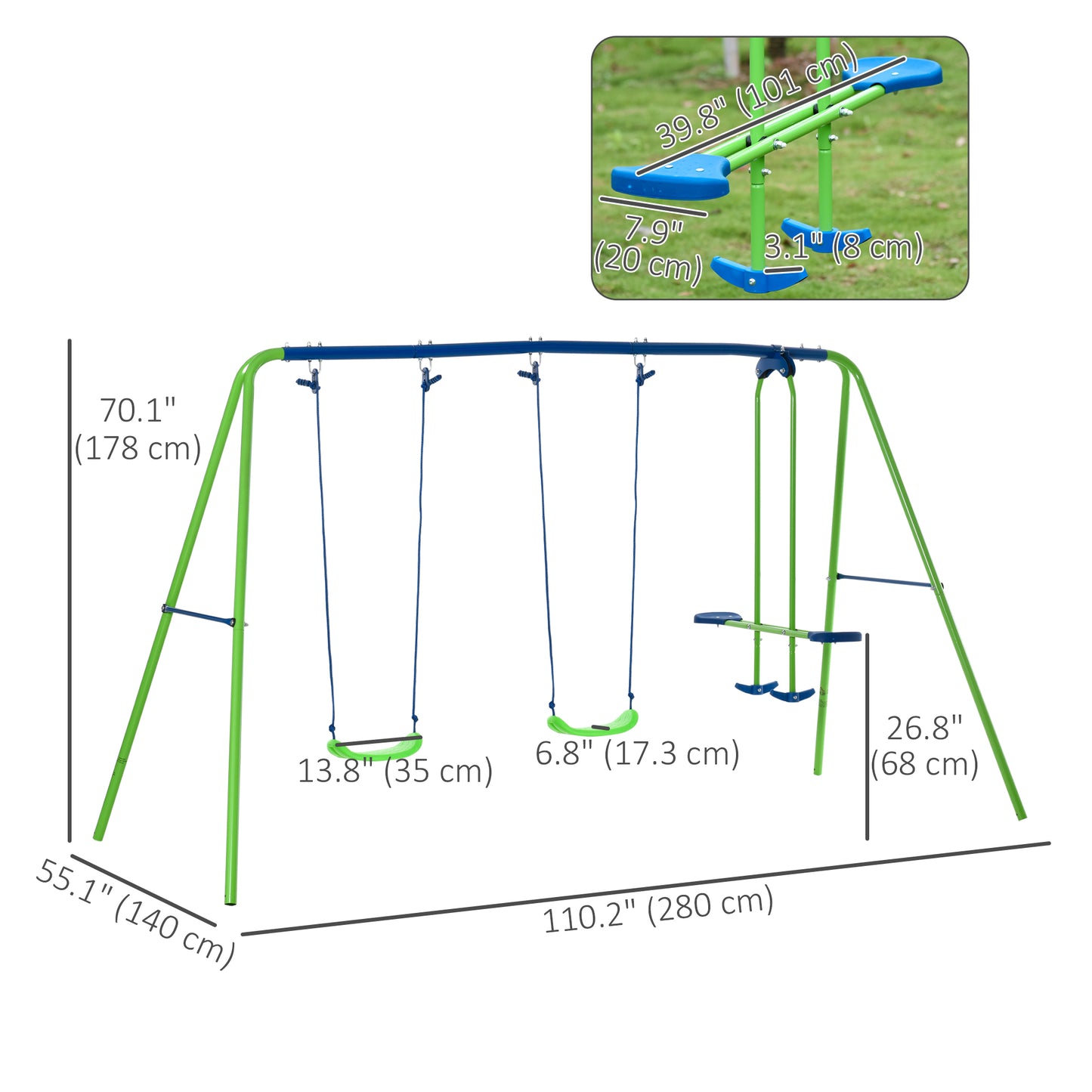 Swing Set for Kids with Glider, 2 Swing Seats, Heavy Duty A-Frame Metal Stand Outdoor Playground Playset, Green Kids Crystal