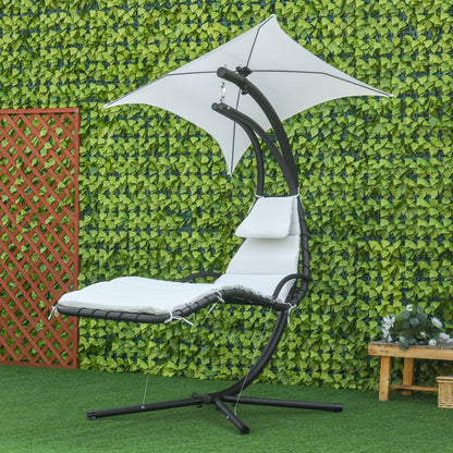 Cream White Floating Chaise Lounge: Outdoor Hanging Hammock Swing Chair with Arc Stand & Canopy for Patio, Porch