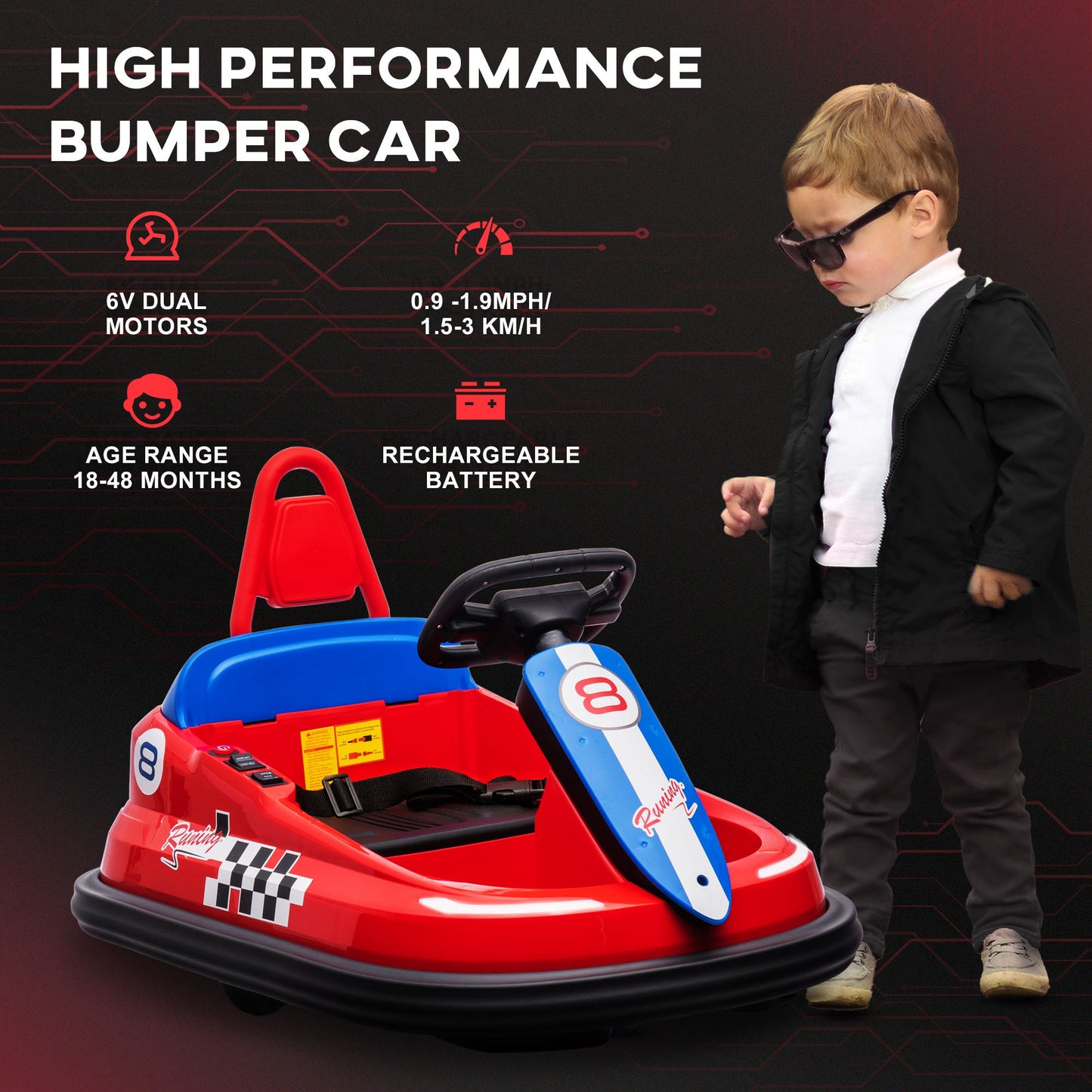 Kids Bumper Car: 6V Electric, 360° Spin, Twin Motors, Horn, Lights, Safety Belt, Red Kids Crystal