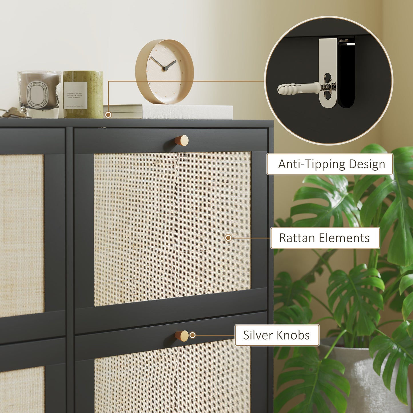 Narrow Shoe Storage Cabinet, Rattan Shoe Cabinet with 4 Flip Drawers and Adjustable Shelves for 20 Pairs, Black Kids Crystal