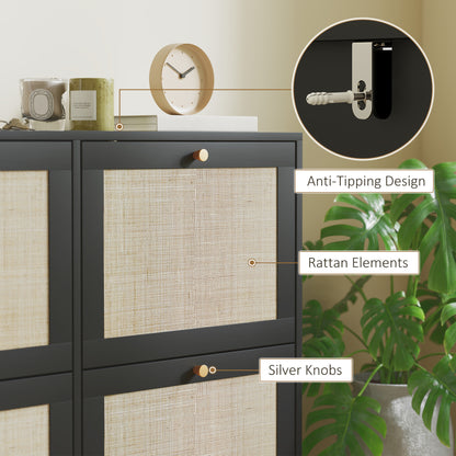 Narrow Shoe Storage Cabinet, Rattan Shoe Cabinet with 4 Flip Drawers and Adjustable Shelves for 20 Pairs, Black