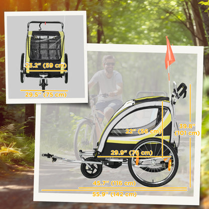 2-in-1 Convertible Child Bike Trailer & Stroller Combo Safety Brake Storage Basket Yellow Color Outdoor