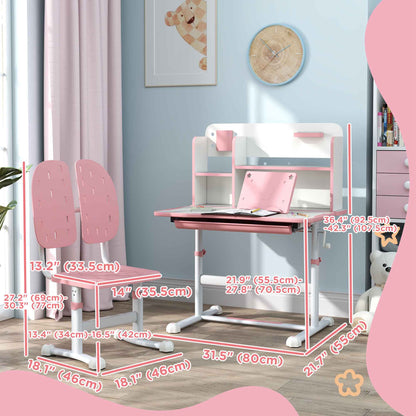 Adjustable Height Kids Desk and Chair Set, Kids Study Table and Chair with Tilt Desktop, Drawer, Reading Rack, Pink
