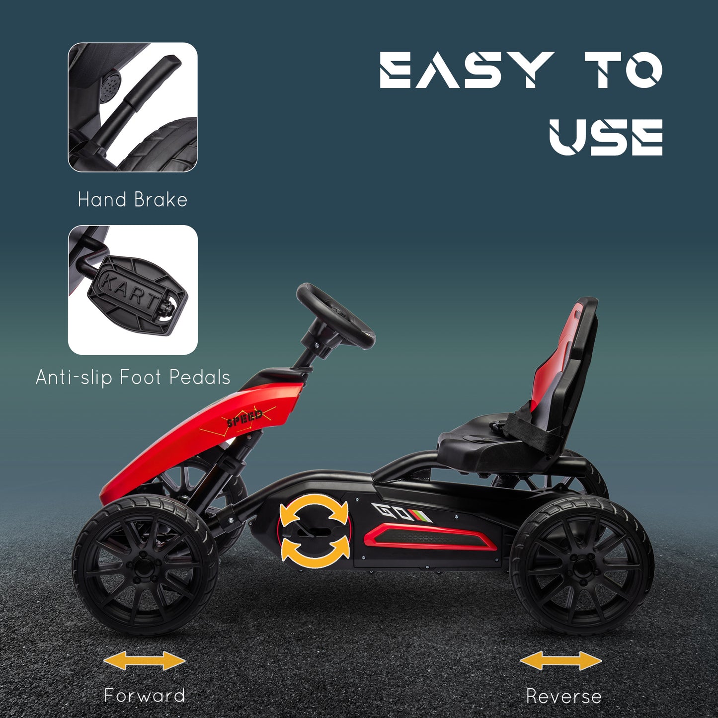 Pedal Racer: Kids Go-Kart with Adjustable Seat, Swing Axle, Handbrake, Red EVA Wheels, Foot Racer Kids Crystal