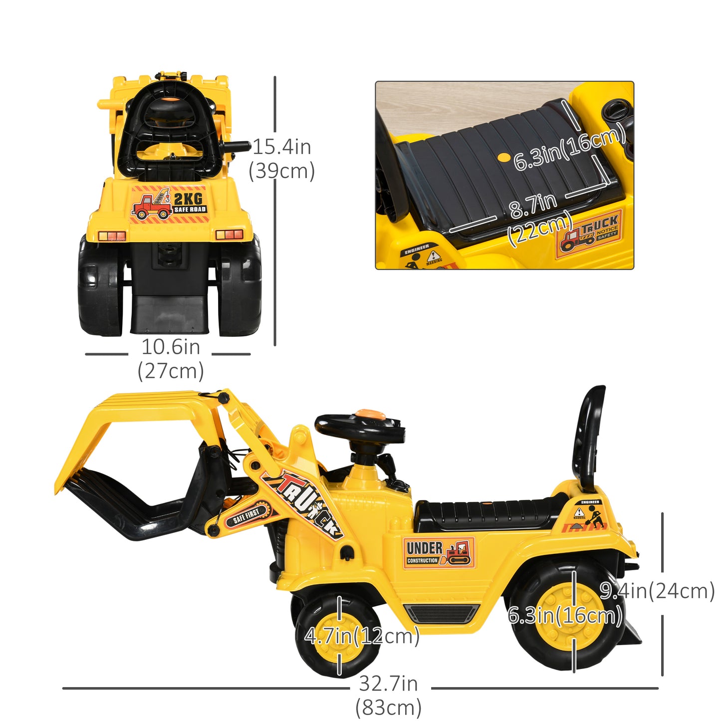 Ride On Excavator Toy No Power Digger Realistic Sound Grabber Under Seat Storage for 3-4 Years Old Kids Crystal