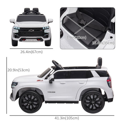 12V Chevrolet TAHOE Ride-On: Remote Control, 3 Speeds, LED Lights, Horn, Music Player for 3-6 Years, White