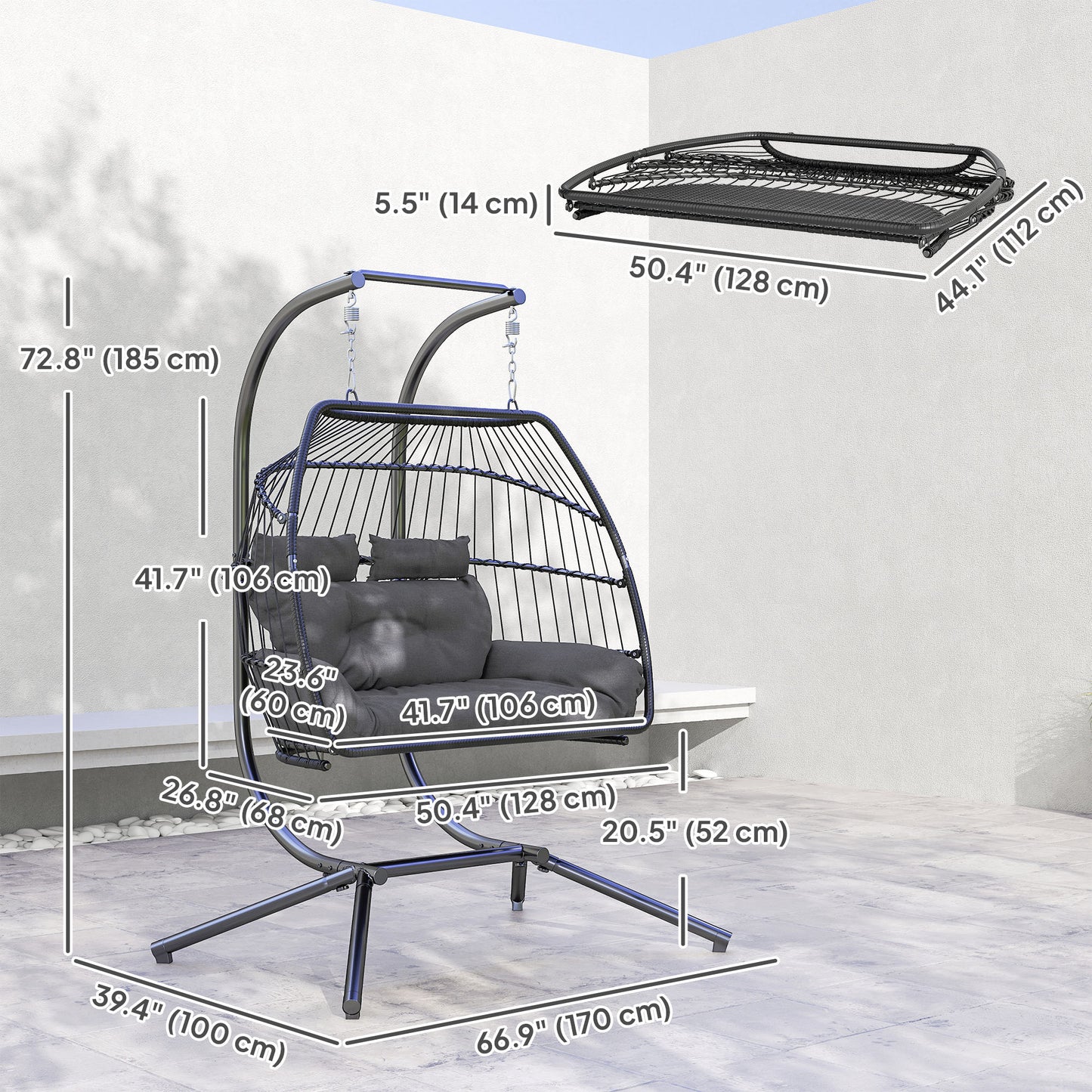 Double Wicker Egg Swing Chair with Stand, Foldable Hanging Egg Chair with UV Resistant Cushion, Headrest, Dark Grey