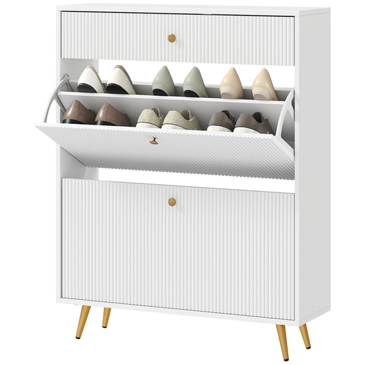 Narrow Shoe Storage Cabinet with Wave-like Panels and Adjustable Shelves for 12 Pairs of Shoes, White Kids Crystal