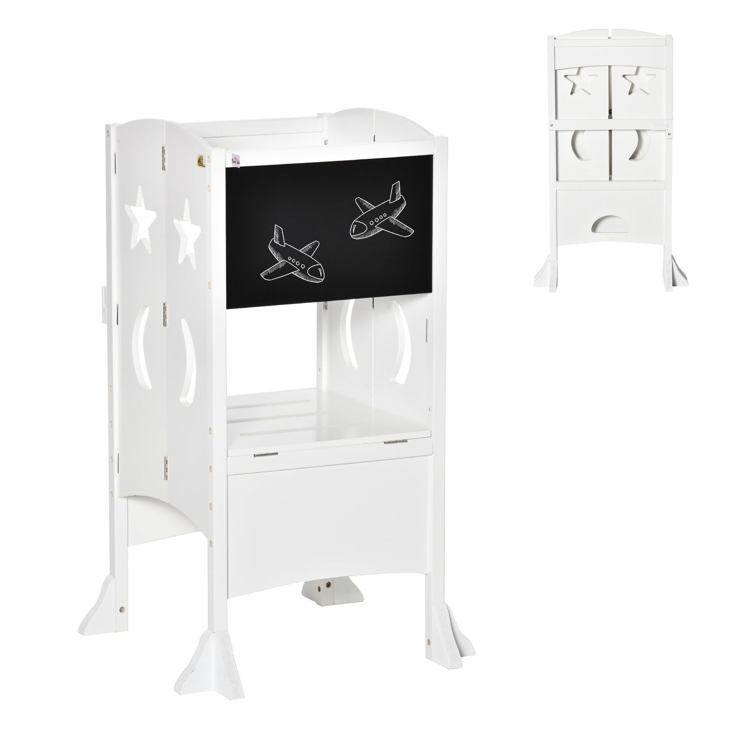 Foldable Toddler Kitchen Stool with Blackboard & Safety Handrail in White for Ages 3-6